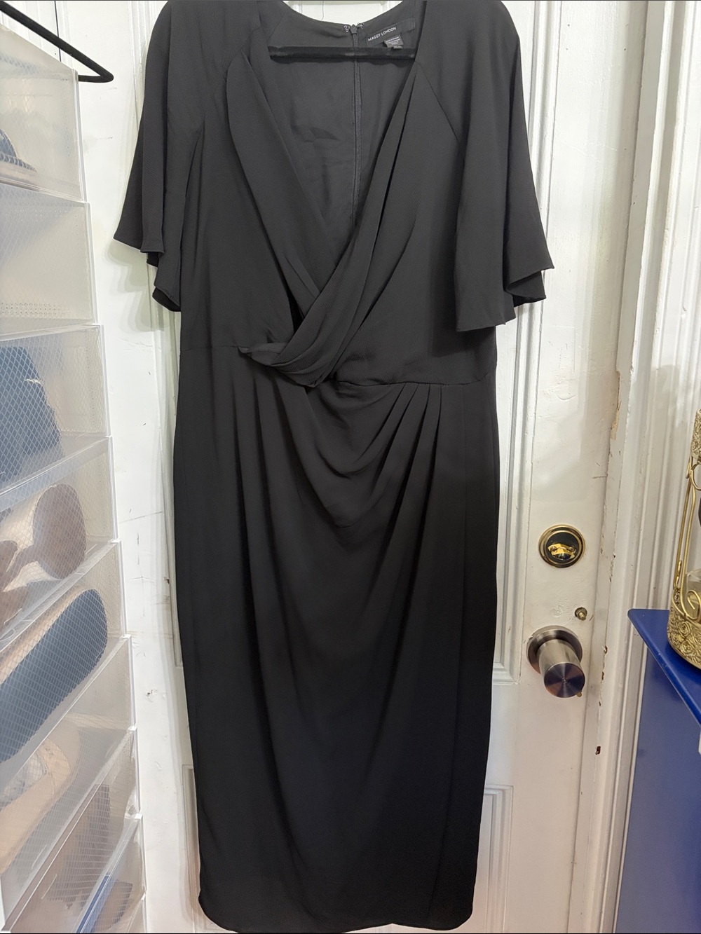 Maggy London Black Draped V-Neck Midi Dress
